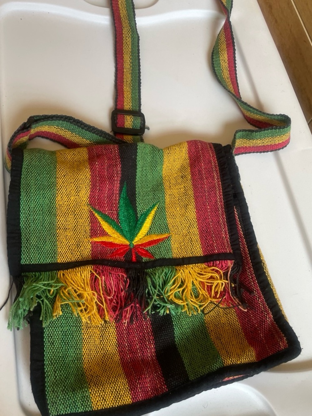 Kathmandu Rasta-Stripe Woven Crossbody Bag in Green/Red/Yellow